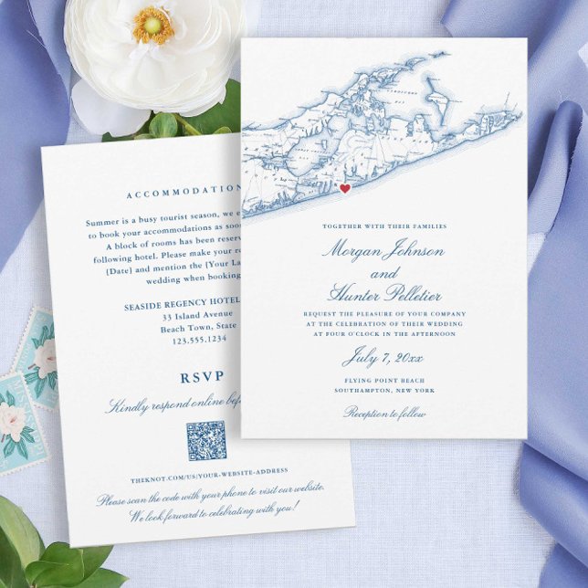 Hamptons Beach all-in-one QR code RSVP Wedding Invitation (These affordable Hamptons Wedding Invitations save money AND paper with double sided QR code design)