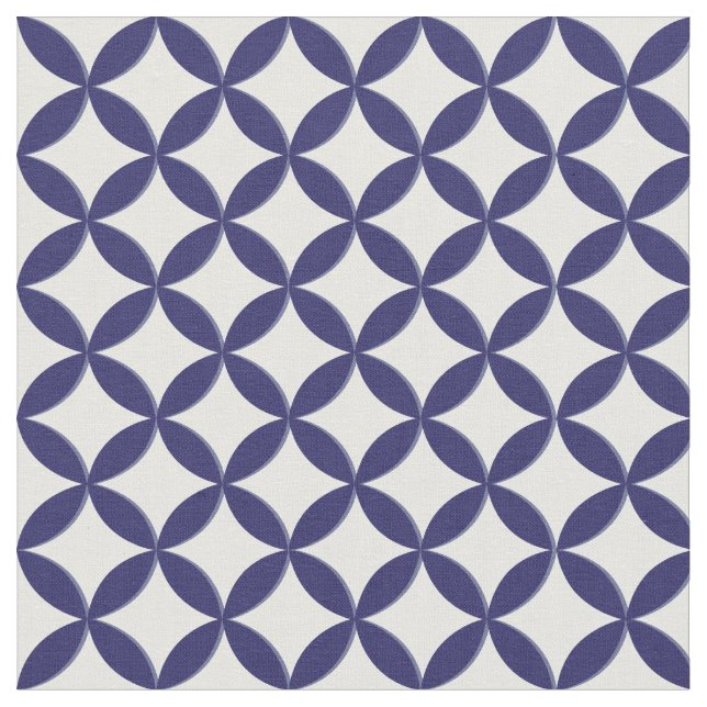 Hamptons Blue and White Geometric Circle Patterned Fabric (Close Up)