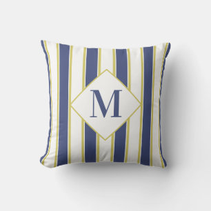 Hamptons Blue White and Gold Striped Yacht Cushion