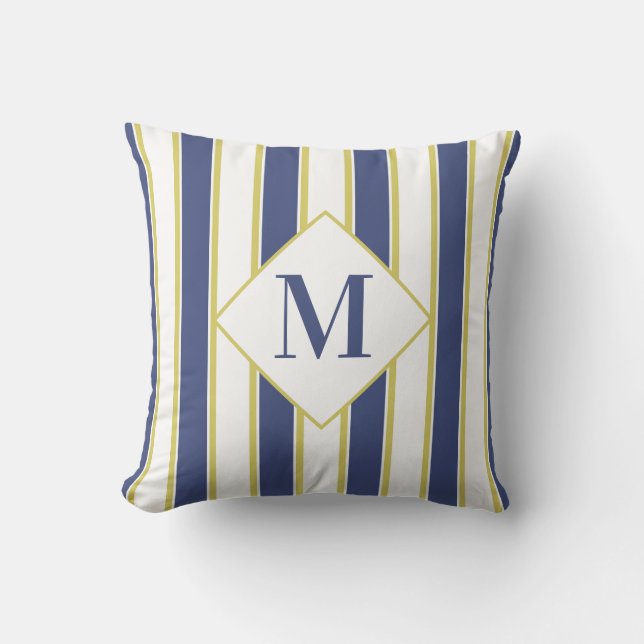 Hamptons Blue White and Gold Striped Yacht Cushion (Front)