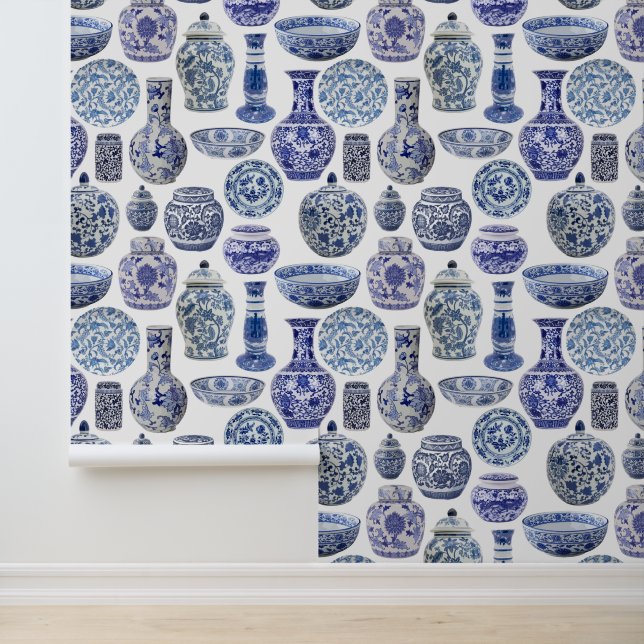 Hamptons Chinoiserie Ginger Jar Patterned Wallpaper (Application)