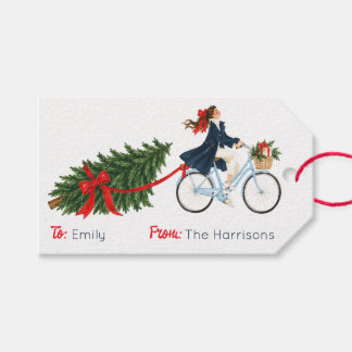 Hamptons Christmas Preppy woman on bicycle Gift Tags