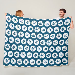 Hamptons Navy Blue and White Sand Dollar Seashells Fleece Blanket