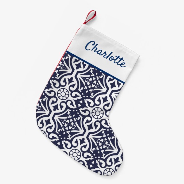 Hamptons Navy Blue and White Talavera Tile Small Christmas Stocking (Front (Hanging))