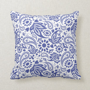 Hampton's Style Blue and White Paisley Patterned Cushion