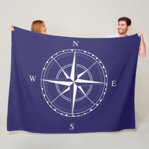 Hamptons Style Classic Blue White Ships Compass Fleece Blanket