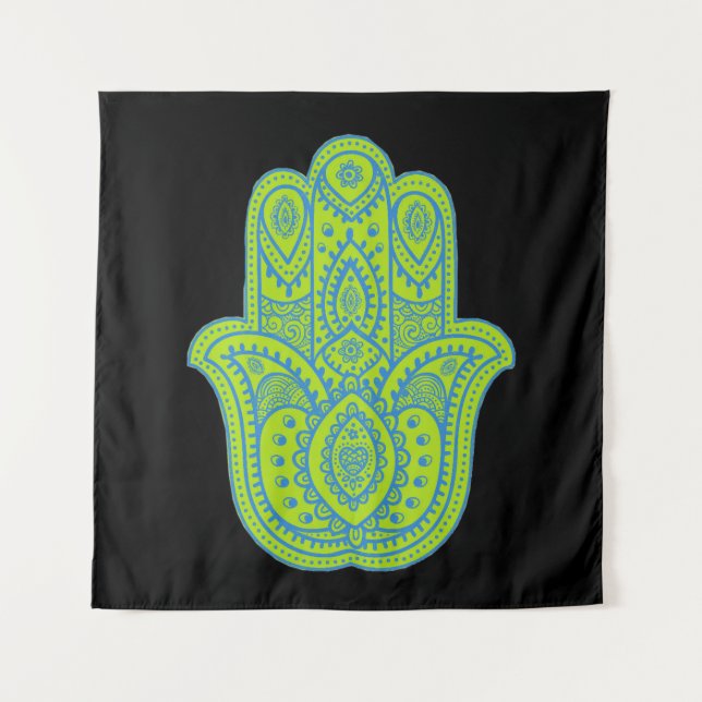 Hamsa Design Green & Black Backdrop Tapestry (Front)
