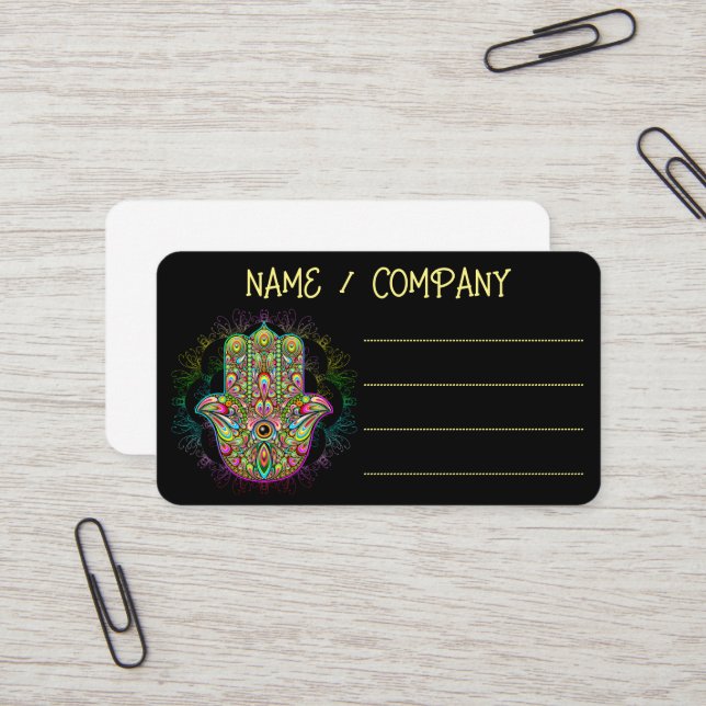 Hamsa Fatma Hand Psychedelic Art Business Card (Front/Back In Situ)