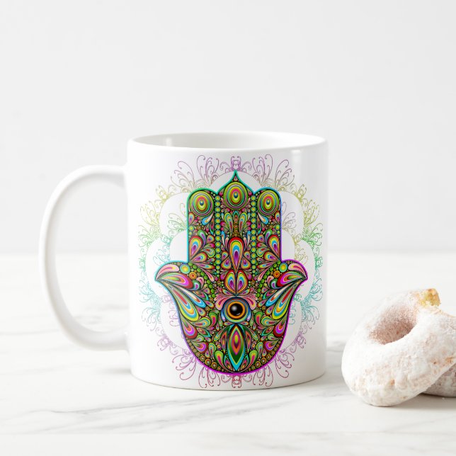 Hamsa Fatma Hand Psychedelic Art Coffee Mug (With Donut)