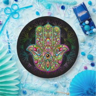 Hamsa Fatma Hand Psychedelic Art Paper Plate