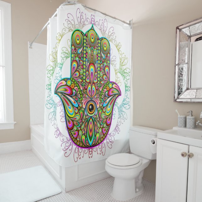 Hamsa Fatma Hand Psychedelic Art Shower Curtain (In Situ)