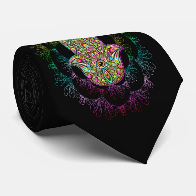 Hamsa Fatma Hand Psychedelic Art Tie (Rolled)