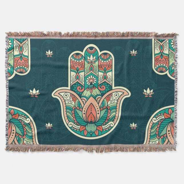 Hamsa Hamsah Moroccan Jewish Hand Throw Blanket (Front)