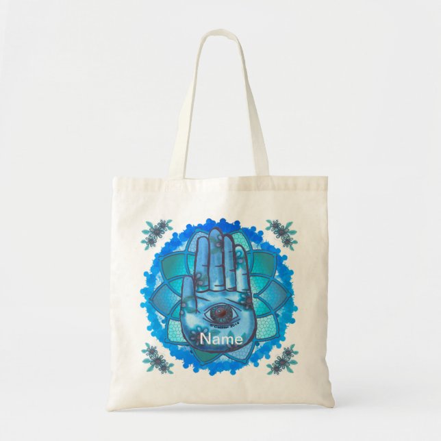Hamsa Hand Blue Lotus Tote Bag (Front)