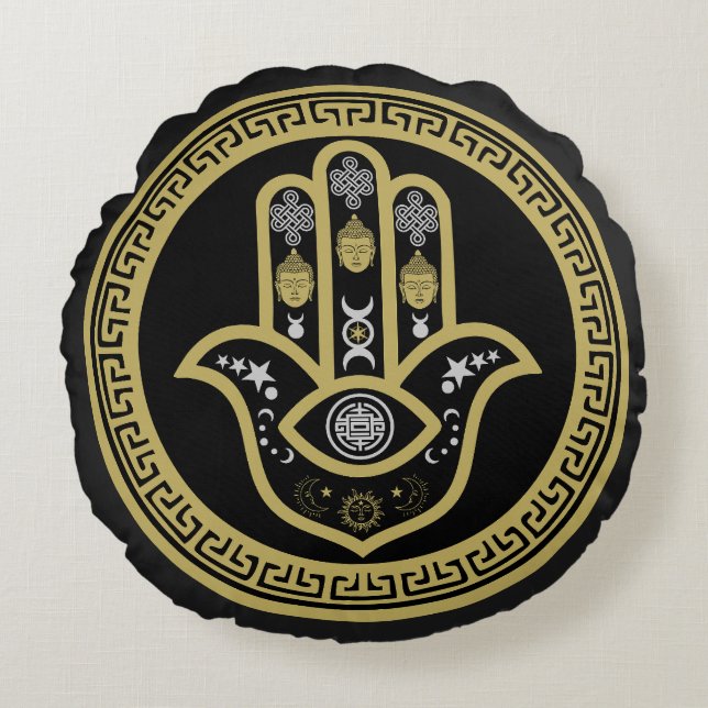 Hamsa Hand Evil Eye Protection Round Cushion (Front)