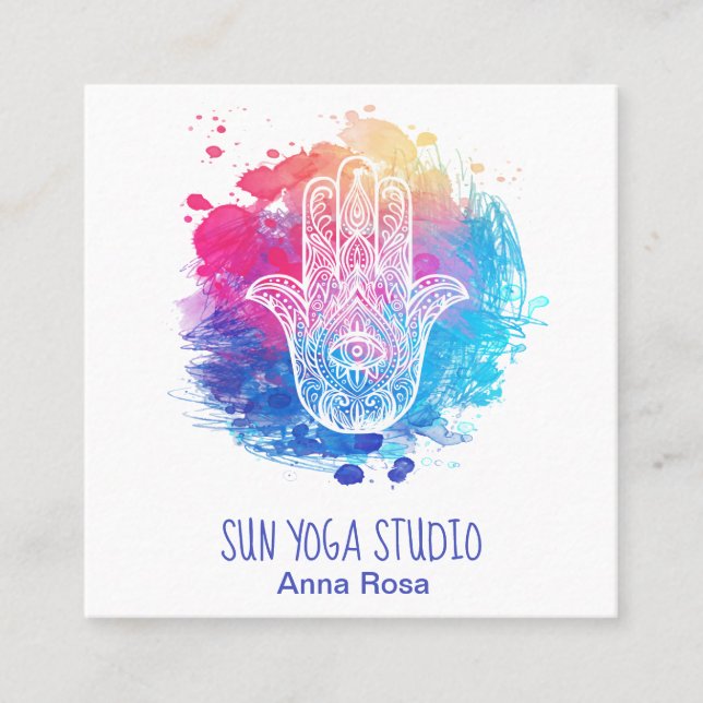*~* Hamsa Hand Eye Yoga Sacred Watercolor Square Business Card (Front)