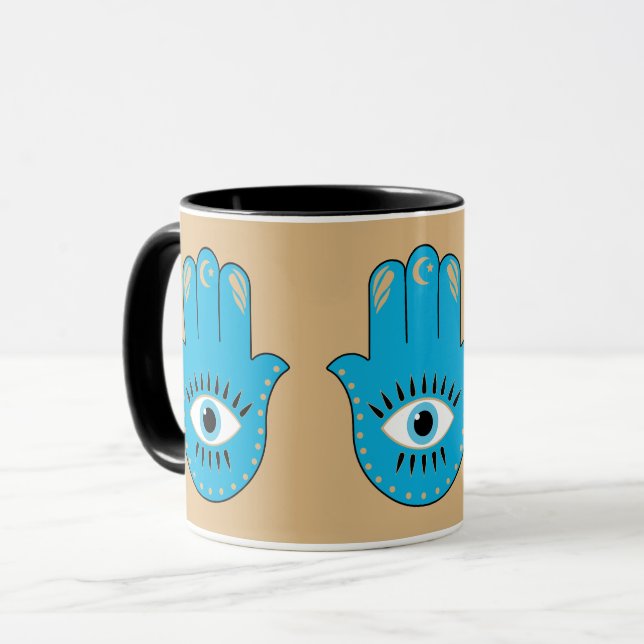 Hamsa Hand Greek Evil Eye Blue Mug (Front Left)
