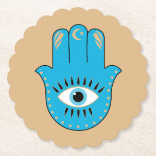 Hamsa Hand Greek Evil Eye Blue Paper Coaster