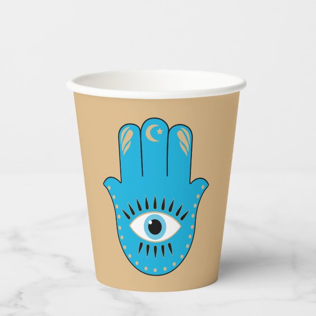 Hamsa Hand Greek Evil Eye Blue Paper Cups (Front)