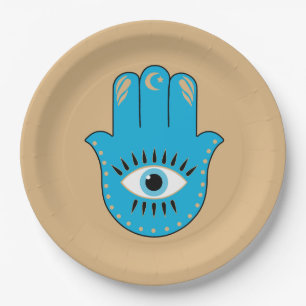 Hamsa Hand Greek Evil Eye Blue Paper Plate