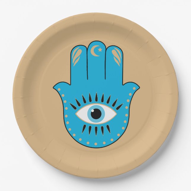 Hamsa Hand Greek Evil Eye Blue Paper Plate (Front)