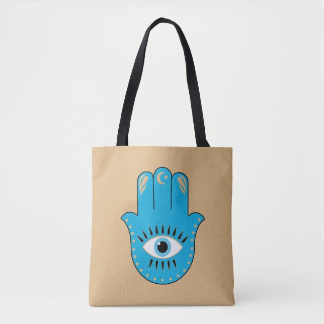 Hamsa Hand Greek Evil Eye Blue Tote Bag (Front)