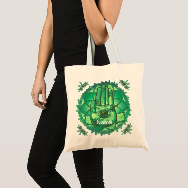Hamsa Hand Green Lotus tote bag (Front (Product))