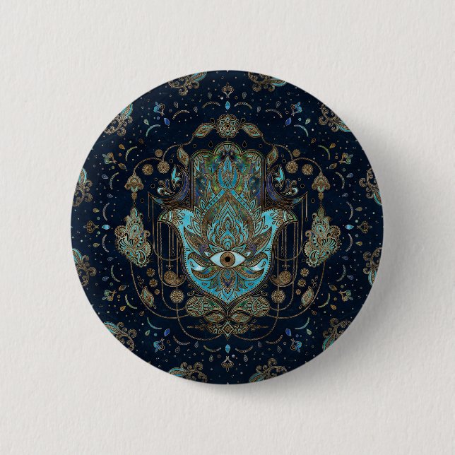 Hamsa Hand -Hand of Fatima Blue Gemstones 6 Cm Round Badge (Front)