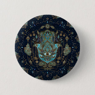 Hamsa Hand -Hand of Fatima Blue Gemstones 6 Cm Round Badge