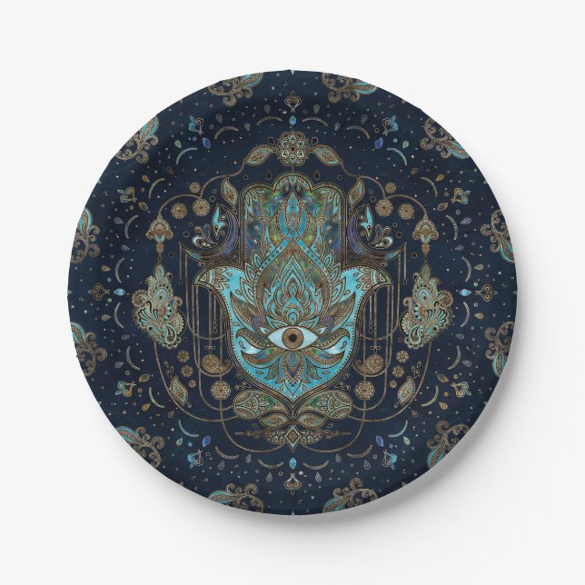 Hamsa Hand -Hand of Fatima Blue Gemstones Paper Plate (Front)