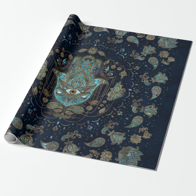 Hamsa Hand -Hand of Fatima Blue Gemstones Wrapping Paper (Unrolled)