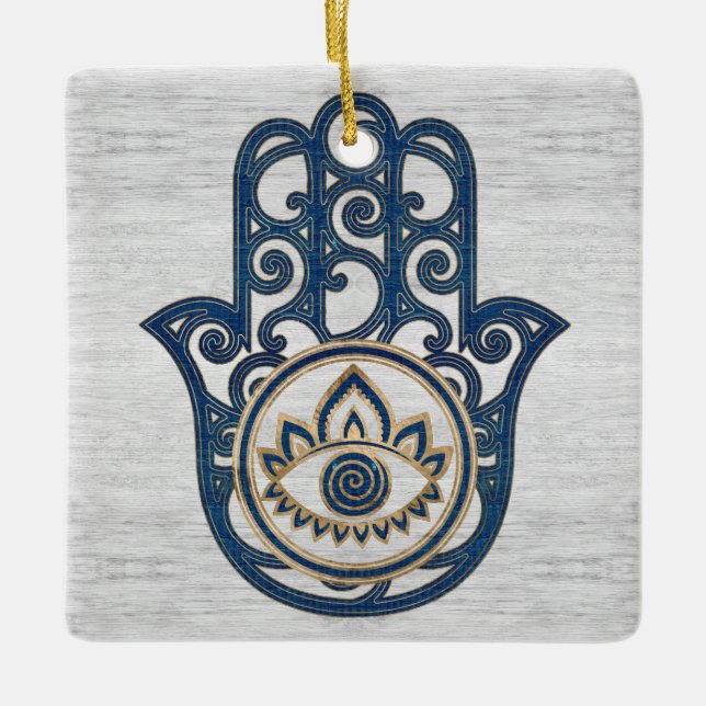 Hamsa Hand - Hand of Fatima blue wood Ceramic Ornament (Front)
