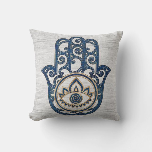 Hamsa Hand - Hand of Fatima blue wood Cushion (Front)