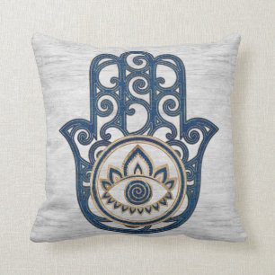 Hamsa Hand - Hand of Fatima blue wood Cushion