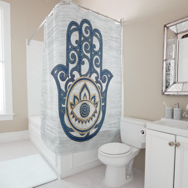 Hamsa Hand - Hand of Fatima blue wood Shower Curtain (In Situ)