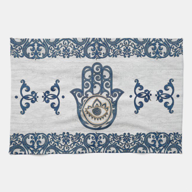 Hamsa Hand - Hand of Fatima blue wood Tea Towel (Horizontal)