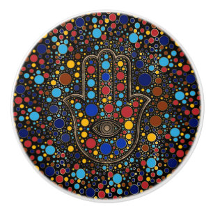Hamsa Hand - Hand of Fatima colorful dot art Ceramic Knob