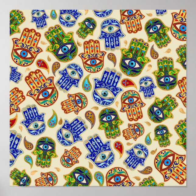 Hamsa Hand - Hand of Fatima colourful pattern Poster (Front)