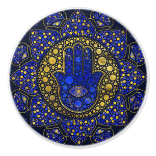 Hamsa Hand -Hand of Fatima Dot Art Lapis Lazuli Ceramic Knob