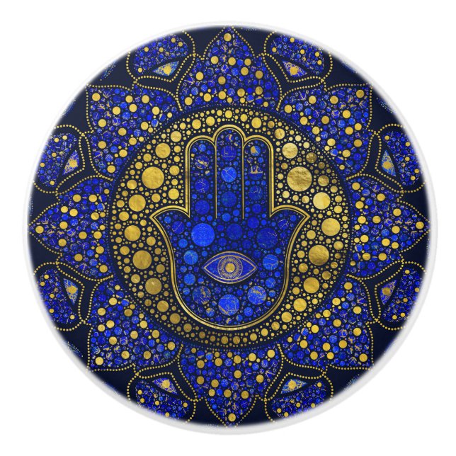 Hamsa Hand -Hand of Fatima Dot Art Lapis Lazuli Ceramic Knob (Front)