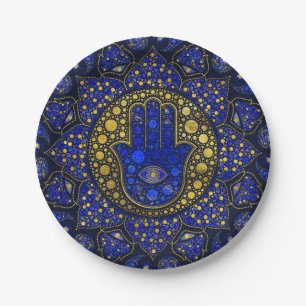 Hamsa Hand -Hand of Fatima Dot Art Lapis Lazuli Paper Plate