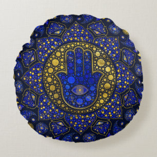 Hamsa Hand -Hand of Fatima Dot Art Lapis Lazuli Round Cushion