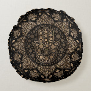 Hamsa Hand -Hand of Fatima in Lotus mandala Round Cushion