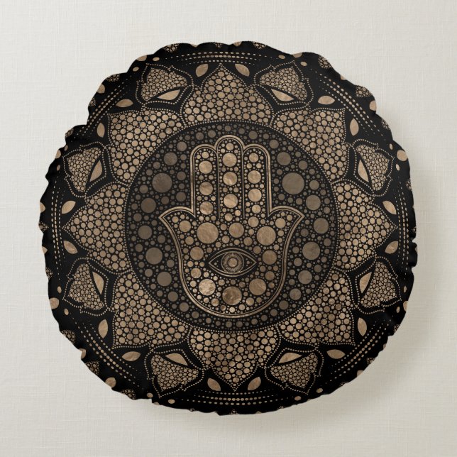 Hamsa Hand -Hand of Fatima in Lotus mandala Round Cushion (Front)