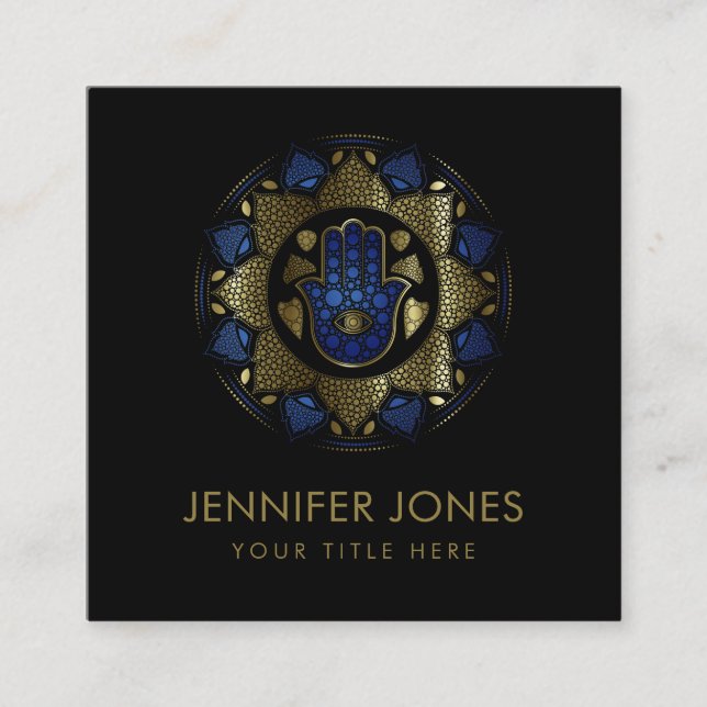 Hamsa Hand -Hand of Fatima in Lotus mandala Square Business Card (Front)