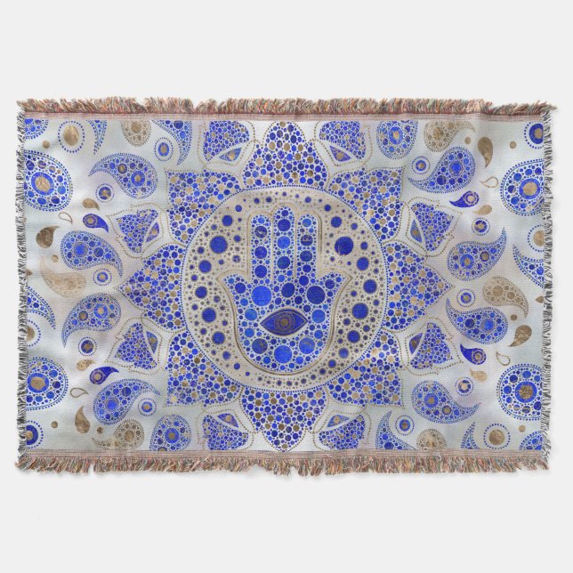 Hamsa Hand -Hand of Fatima on Mother of Pearl Throw Blanket (Front)
