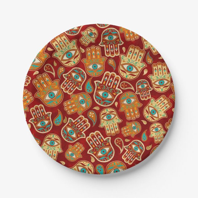 Hamsa Hand - Hand of Fatima Teal Terracotta Paper Plate (Front)