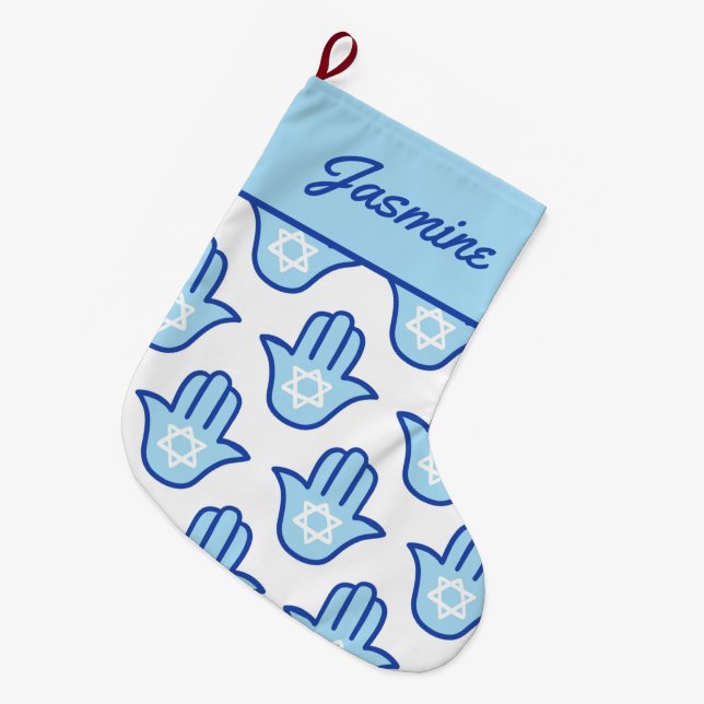 Hamsa Hand Jewish Star Blue Hanukkah Stocking (Front (Hanging))