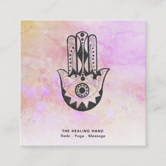 *~* Hamsa Hand of Fatima Craters of Moon Peach Square Business Card (Front)
