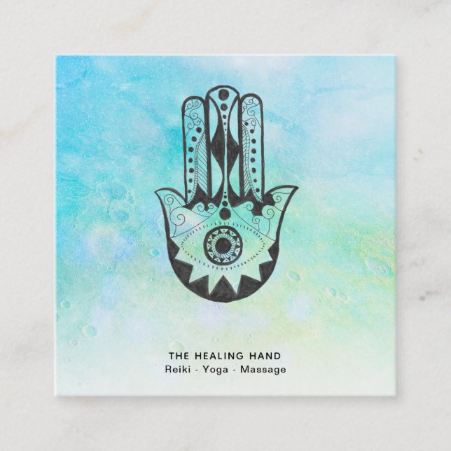 *~* Hamsa | Hand of Fatima | Craters of Moon Yoga Square Business Card (Front)